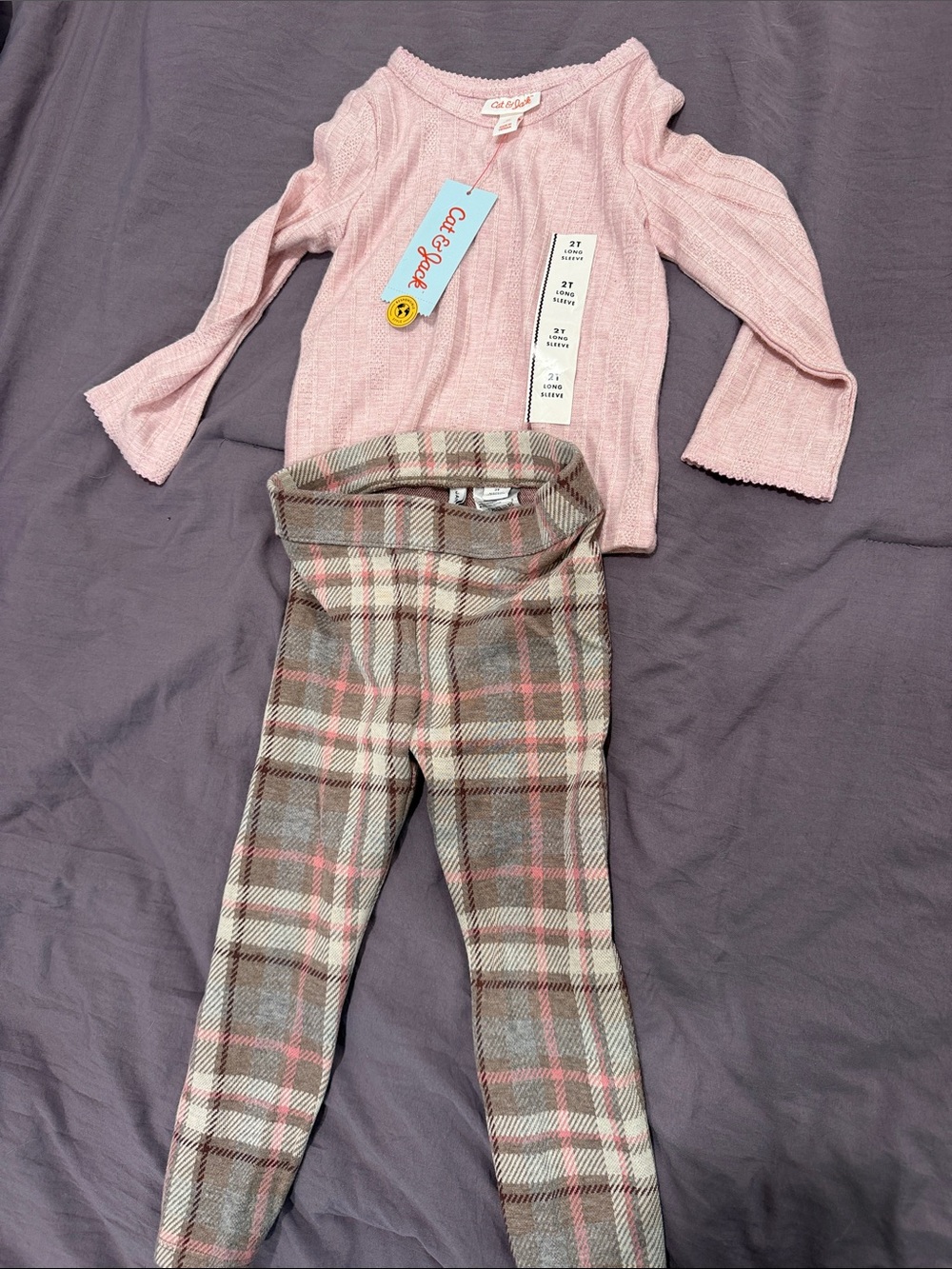 Cat & Jack Pink Ribbed Top with Plaid Leggings